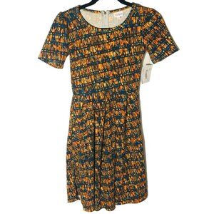 Lularoe Amelia short sleeve dress graphic orange blue zip pockets xxs READ NEW